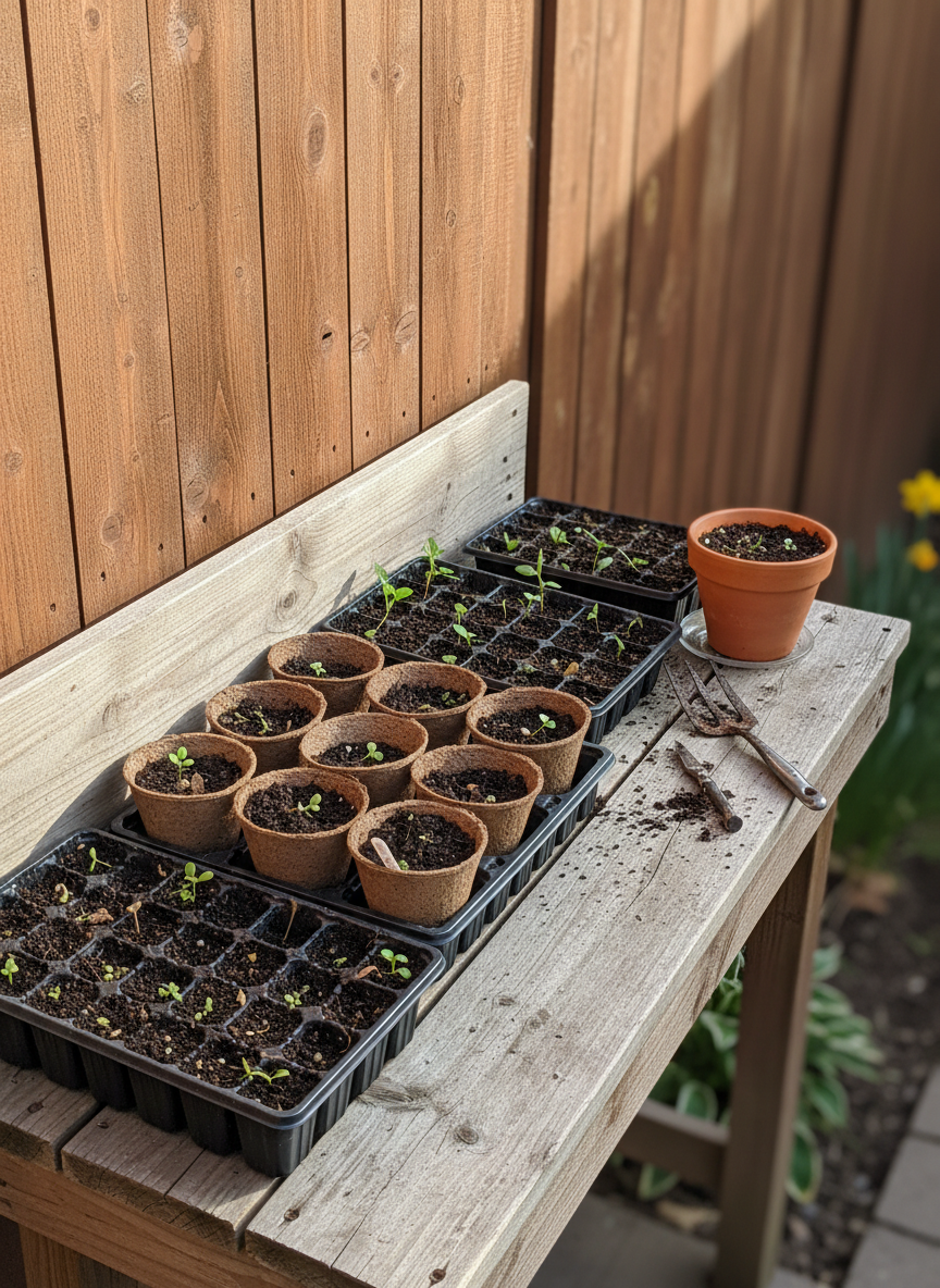 An early spring backyard scene in zone 5b, with a small collection of neatly arranged seed trays and biodegradable pots on a simple wooden potting bench against a cedar fence. Dark, moist potting mix fills each cell, and tiny green seedlings of lettuce, basil, and marigolds just begin to emerge, some still wearing fragments of seed coats. A clean, well-used hand fork and pruners rest beside a terracotta pot, soil dusting their metal surfaces. Soft morning light slants in from the left, casting delicate shadows and catching the fine texture of the wood grain. Photographic realism, shot from a slightly elevated angle with moderate depth of field, creating a calm, contemplative mood that emphasizes gentle learning and the quiet anticipation of growth.
