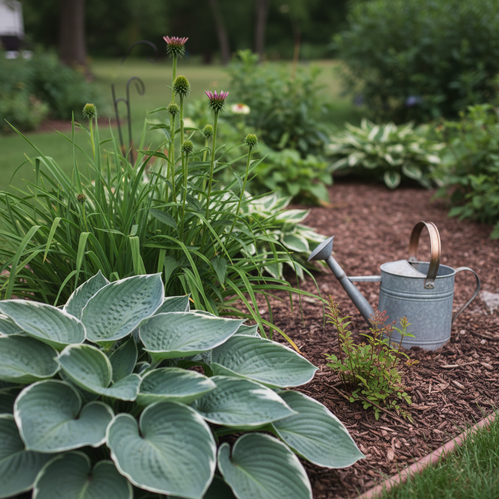 A close, intimate view of a small perennial border in a zone 5b backyard, featuring hostas, daylilies, coneflowers, and a few shy emerging astilbe shoots in early summer. The focus is on the layered foliage textures: broad, ribbed hosta leaves, slender daylily blades, and upright coneflower buds just beginning to show color. A narrow mulch path curves beside the bed, with a simple galvanized steel watering can resting on the edge. Overcast, diffused afternoon light softens every surface and reduces harsh contrasts. Shot at eye level with a gentle, shallow depth of field, the composition follows the curve of the bed, conveying a serene, sophisticated, real backyard space that invites beginners to slow down and notice details.