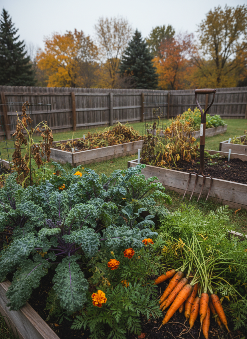 A mid-autumn backyard vegetable patch in zone 5b, captured just after light rain. Raised beds hold mature kale, bright orange carrots with lush green tops, and a few remaining marigolds, while spent tomato vines are partially cleared, showing different stages of garden cleanup. Water droplets cling to leaves and the rich, dark soil looks freshly turned in one corner, where a sturdy digging fork stands tines-down. Overcast sky provides soft, even lighting, enhancing the saturated colors and subtle shine on wet surfaces. Photographic realism from a slightly elevated angle, with crisp focus in the foreground and gently blurred fences and neighboring trees behind. The mood is reflective and unhurried, celebrating the slower rhythms of seasonal transition.