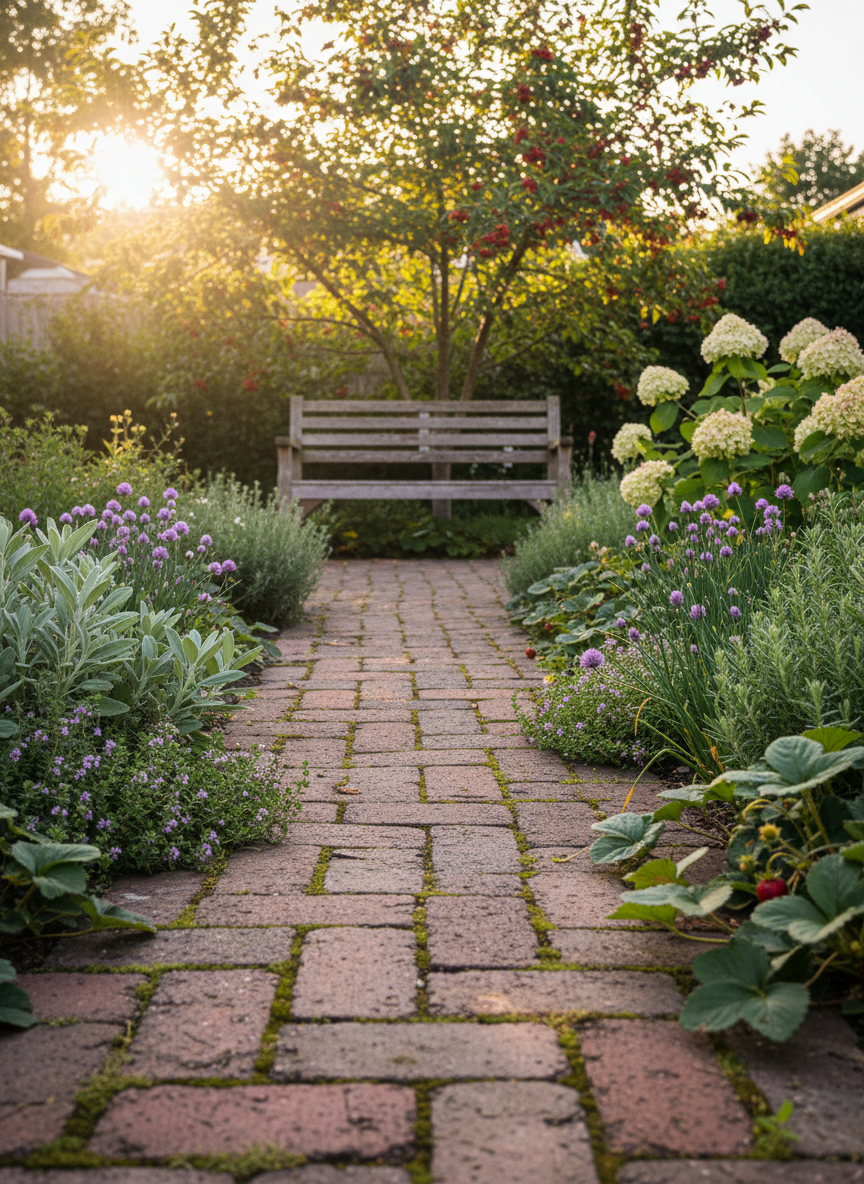 A narrow backyard side garden in zone 5b transformed into a simple slow-gardening oasis: a single, slightly uneven brick path leads between small beds of herbs—sage, thyme, and chives—interplanted with low-growing strawberries and a dwarf hydrangea. A plain wooden bench sits at the end of the path, partially shaded by a young serviceberry tree. Late evening golden hour light filters through the branches, creating dappled patterns on the bricks and foliage and a soft glow on the bench’s worn slats. Photographic realism, shot from a low, leading-line perspective along the path, with moderate depth of field. The atmosphere is calm, sophisticated, and welcoming, demonstrating how beginners can cultivate beauty and slowness even in a modest, real backyard space.