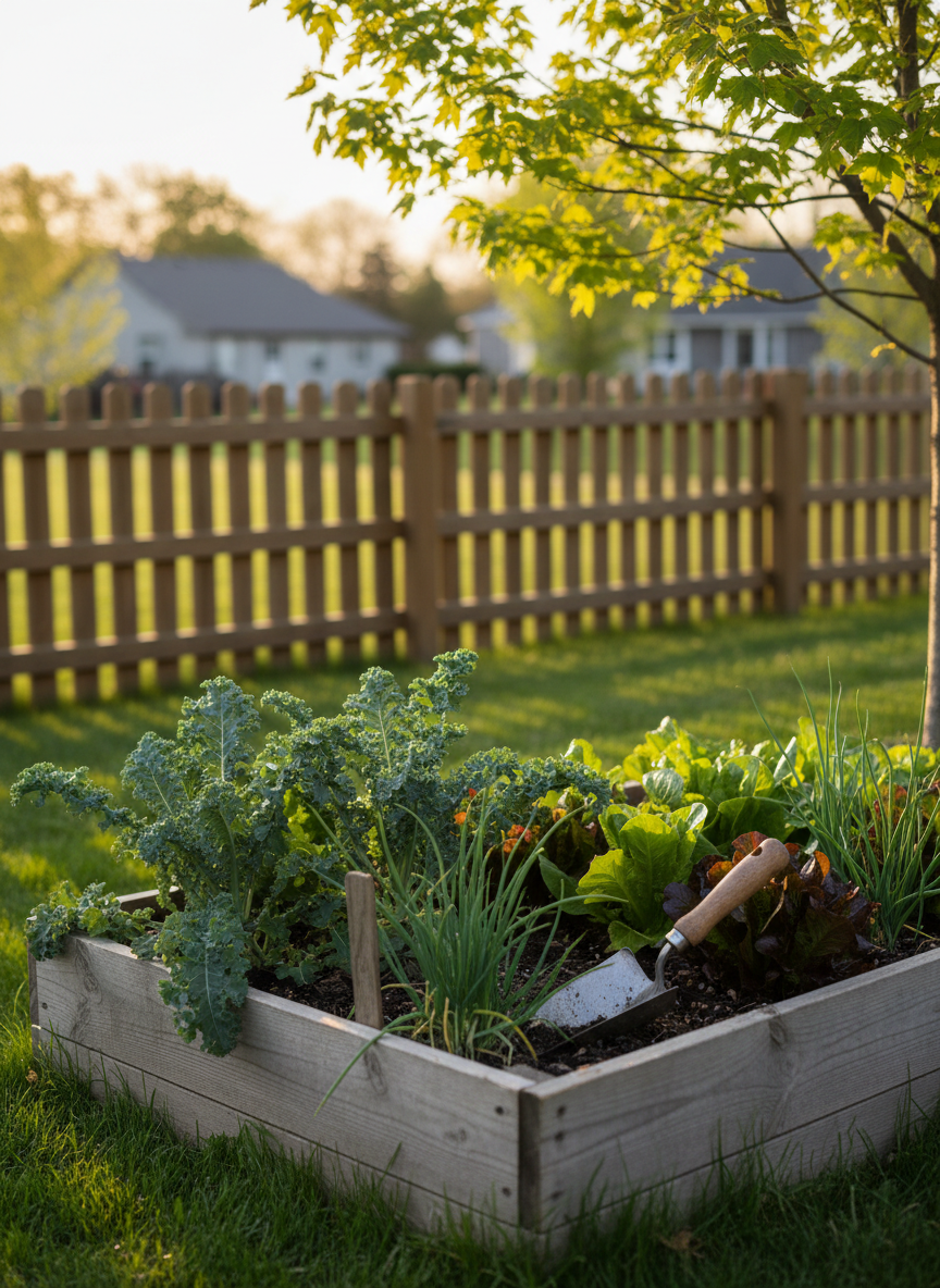 A tranquil suburban backyard in USDA zone 5b, with a modest, slightly weathered raised bed overflowing with leafy kale, lettuce, and chives at early summer peak. The wooden boards show a soft gray patina, and a well-used metal hand trowel rests on the dark, crumbly soil near a garden marker with no visible text. Soft late afternoon light filters through a wooden fence and a young maple tree, casting gentle, elongated shadows and subtle highlights on dew-speckled leaves. Photographic realism from a slightly elevated, three-quarter angle, with shallow depth of field so the background lawn and neighboring houses blur into a calm, sophisticated backdrop, evoking slow, relaxed gardening rather than glossy stock imagery.