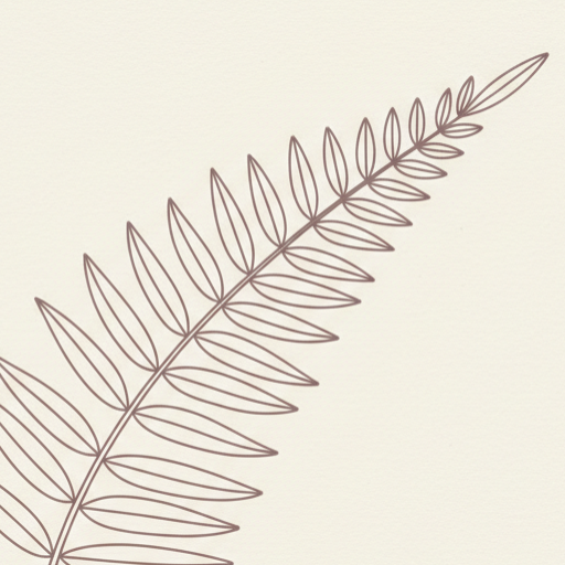 A minimal abstract botanical line illustration of a single curved fern frond, drawn in thin muted mauve-brown ink strokes on a plain cream background. Delicate, calm, sophisticated editorial line art, generous negative space, no photography, no shading.